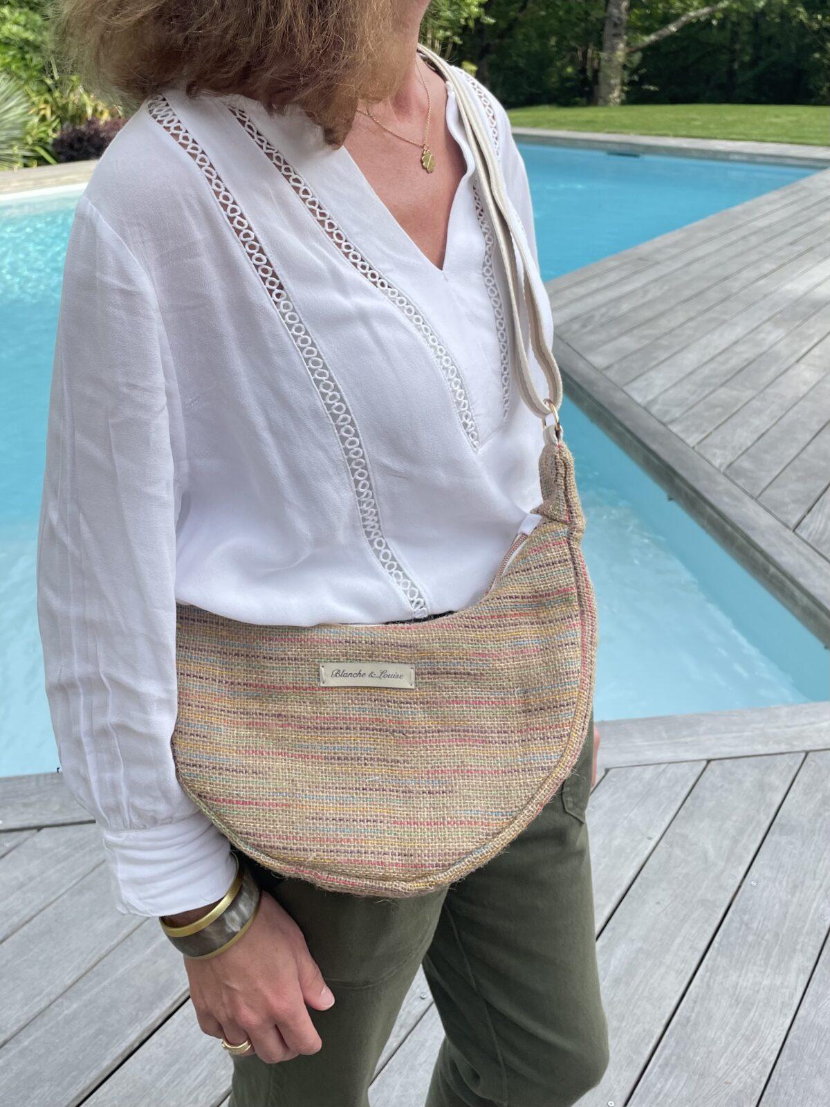 Sac demi-lune toile de jute rayée
