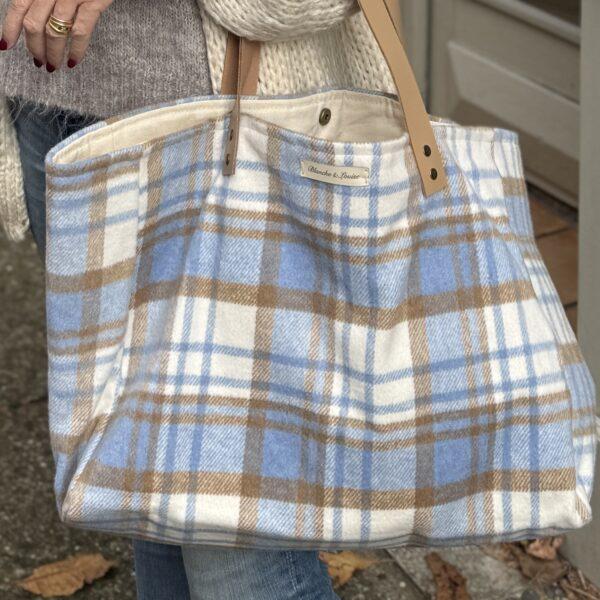 Cabas tartan bleu-camel et cuir