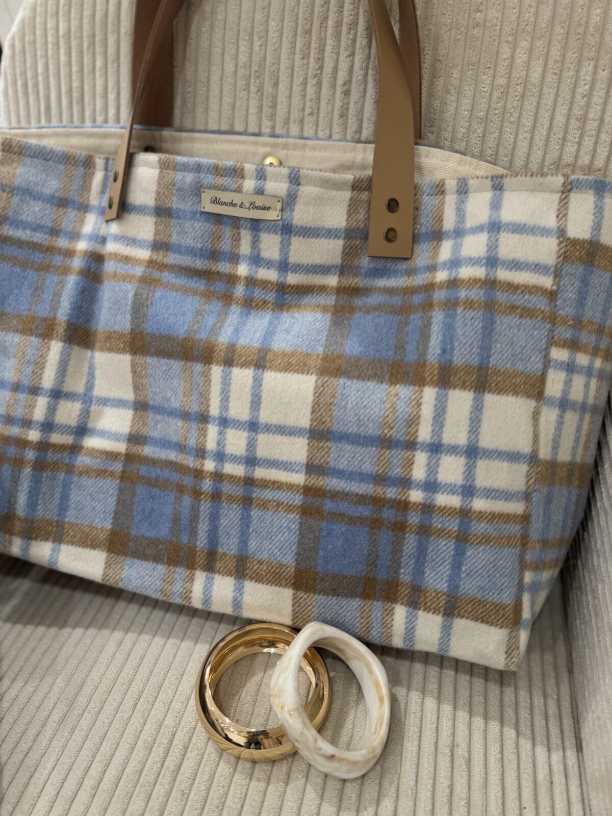 Cabas tartan bleu-camel et cuir – Image 3