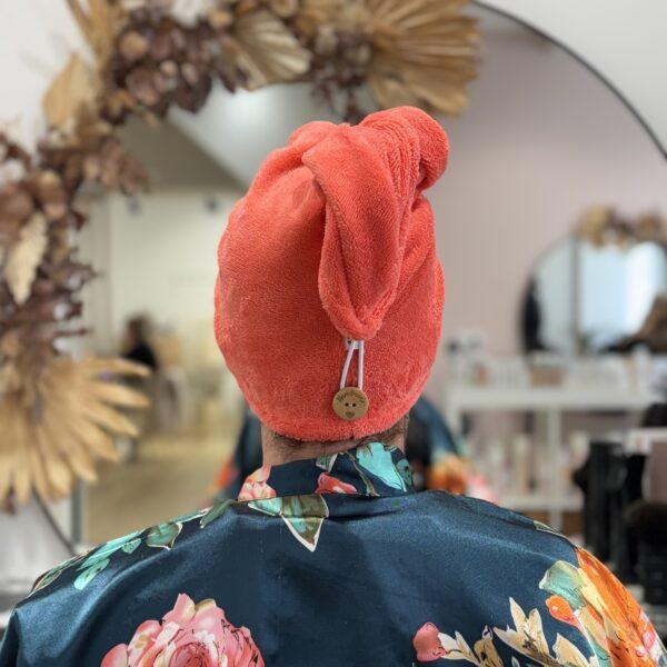 Serviette / turban pour cheveux éponge de bambou corail