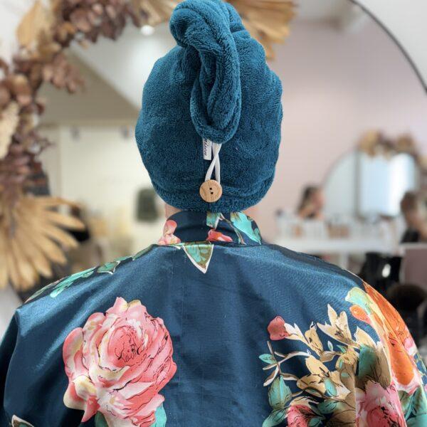 Serviette / turban pour cheveux éponge de bambou bleu canard