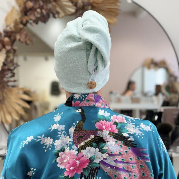 Serviette / turban pour cheveux éponge de bambou vert d’eau