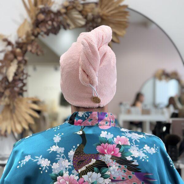 Serviette / turban pour cheveux éponge de bambou rose pâle
